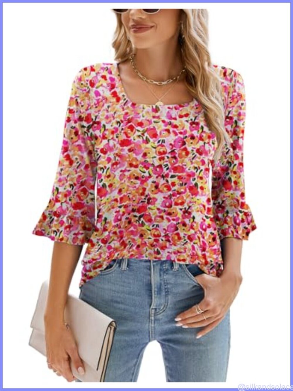 Womens 3/4 Sleeve Square Neck Ruffle Loose Fit Tunic Blouse Top